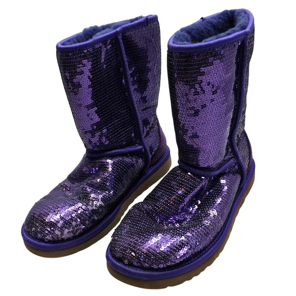 UGG Classic Short Sequin Boots Purple Sparkle Kids Size 8 Y2K Glam Streetwear